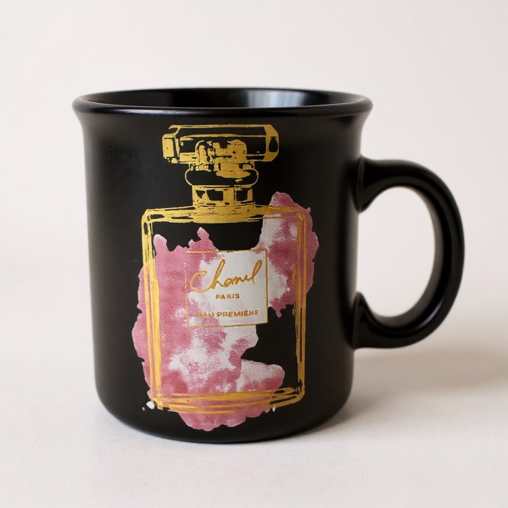 Designer Inspired Black Mug with Gold and Pink Design